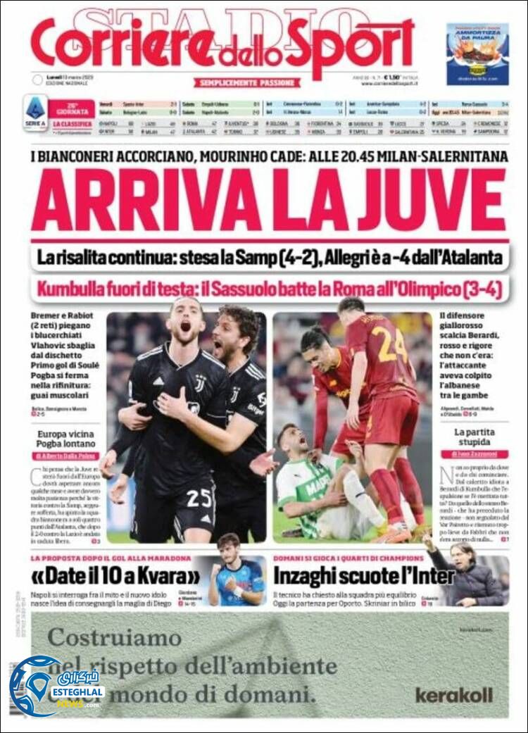 روزنامه ورزشی کوریره دلو اسپورت دوشنبه 22 اسفند 1401 