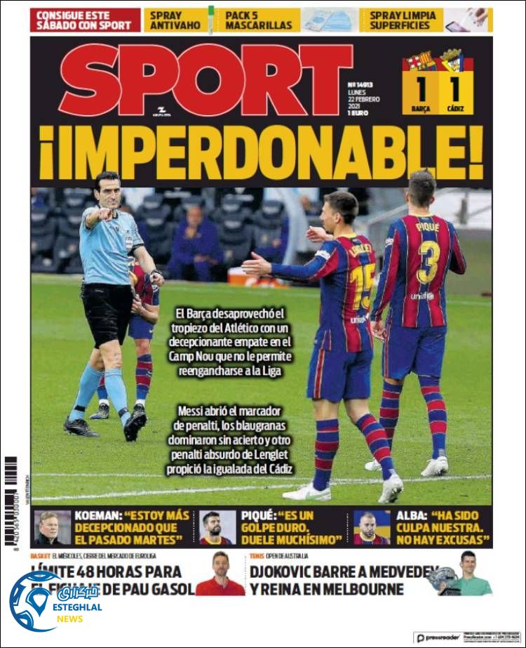 روزنامه ورزشی اسپورت دوشنبه 4 اسفند 1399