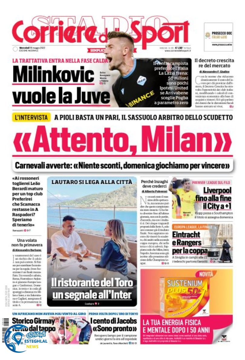 روزنامه ورزشی کوریره دلو اسپورت چهارشنبه 28 اردیبهشت 1401