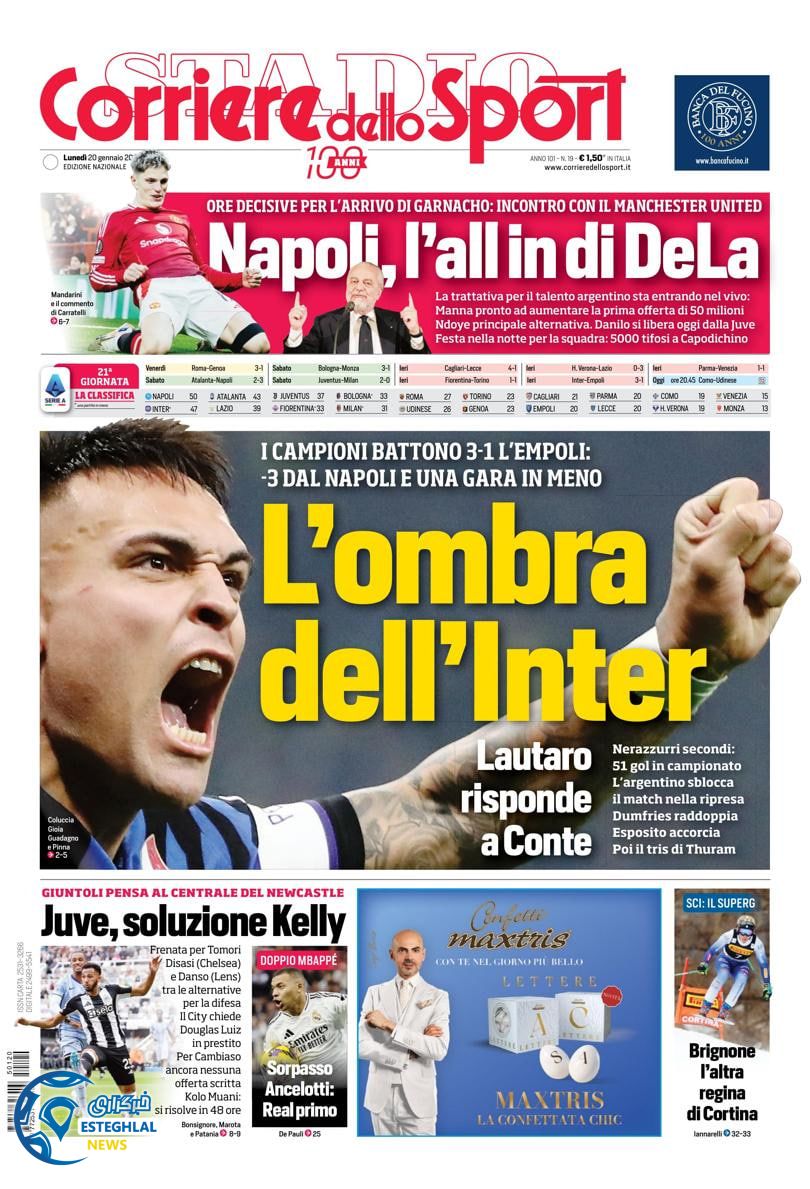 روزنامه  ورزشی کوریره دلو اسپورت دوشنبه 1 بهمن 1403 