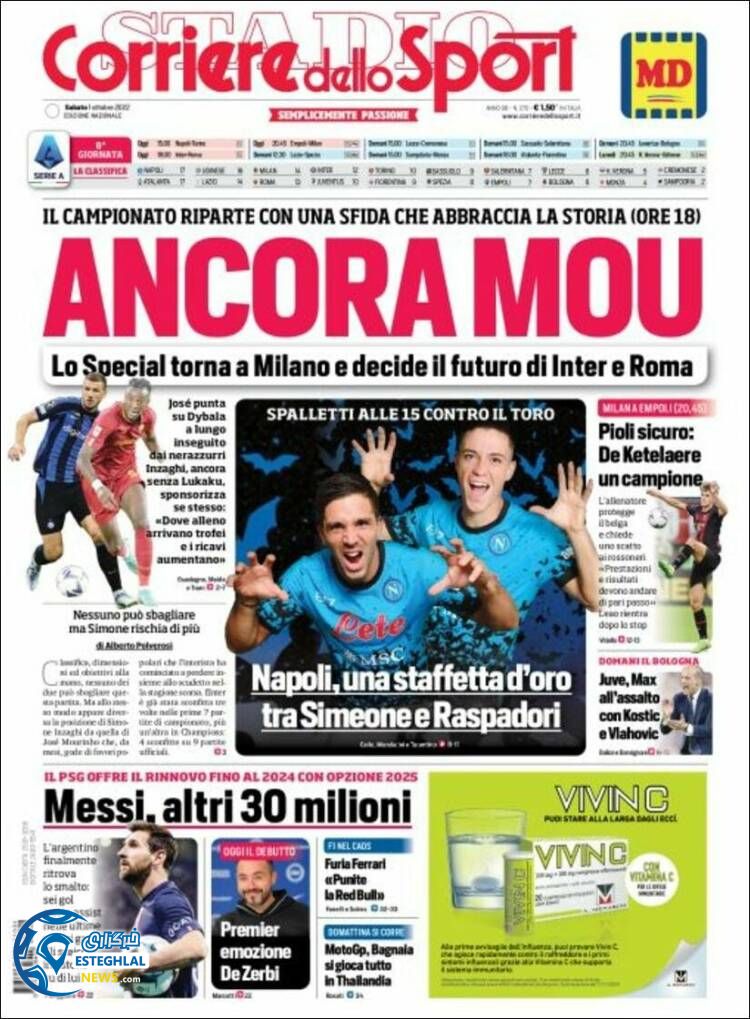 روزنامه ورزشی کوریره دلو اسپورت شنبه 9 مهر 1401