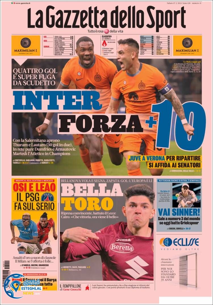 روزنامه  ورزشی گاتزتا دلو  اسپورت شنبه 28 بهمن 1402 