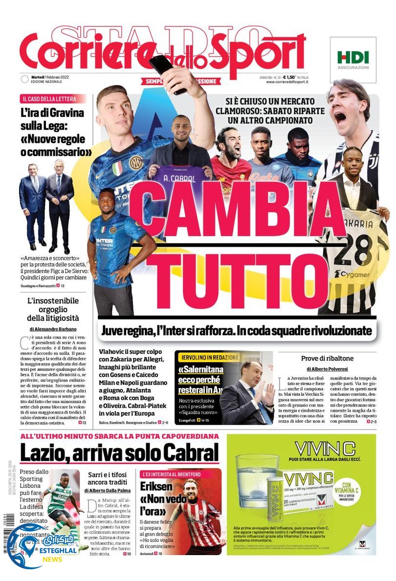 روزنامه ورزشی کوریره دلو اسپورت سه شنبه 12 بهمن 1400