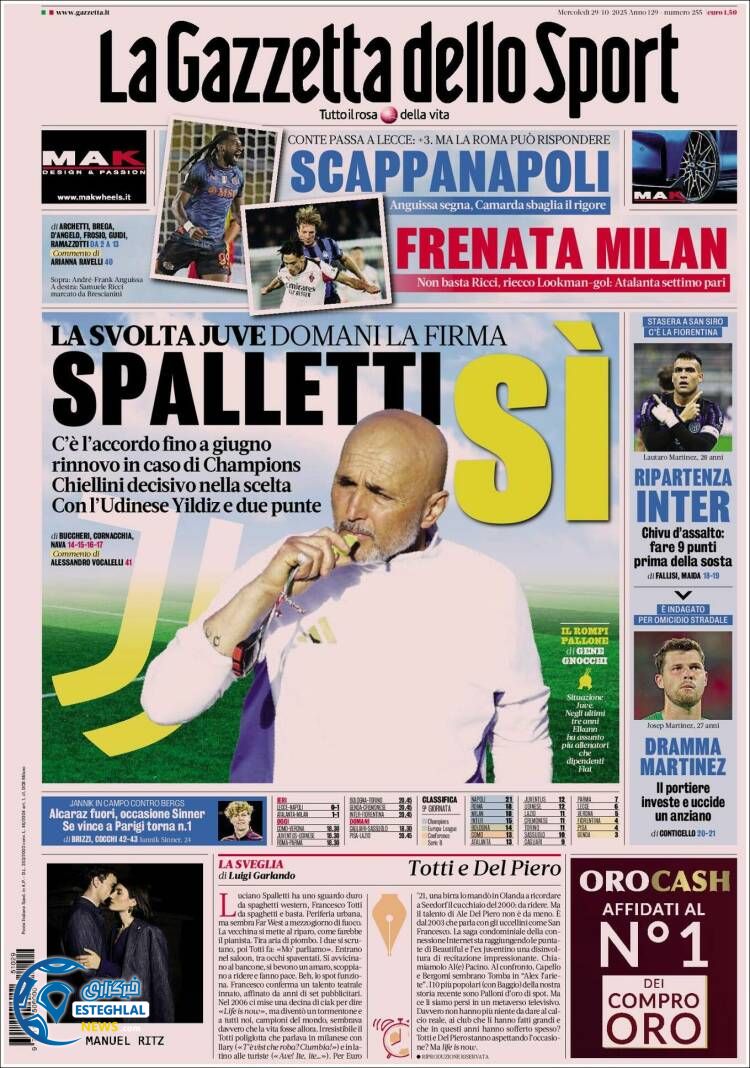 روزنامه ورزشی گاتزتا دلو اسپورت چهارشنبه 7 آبان 1404 