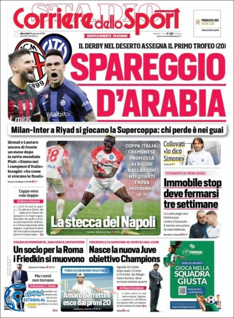 روزنامه ورزشی کوریره دلو اسپورت چهارشنبه 28 دی 1401 