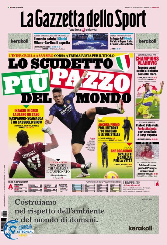 روزنامه ورزشی گاتزتا دلو اسپورت دوشنبه 2 اسفند 1400