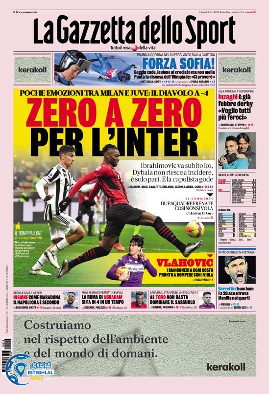 روزنامه ورزشی گاتزتا دلو اسپورت دوشنبه 4 بهمن 1400