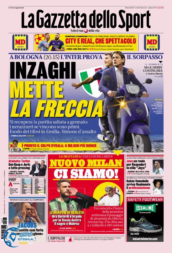 روزنامه ورزشی گاتزتا دلو اسپورت چهارشنبه 7 اردیبهشت 1401