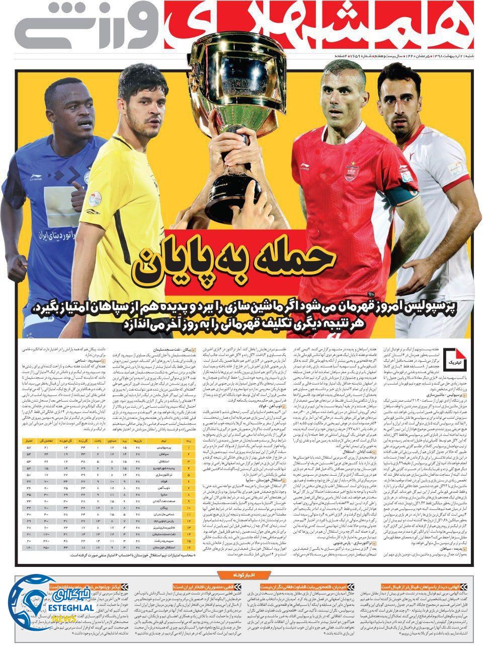 روزنامه همشهری ورزشی شنبه 21 اردیبهشت 1398    