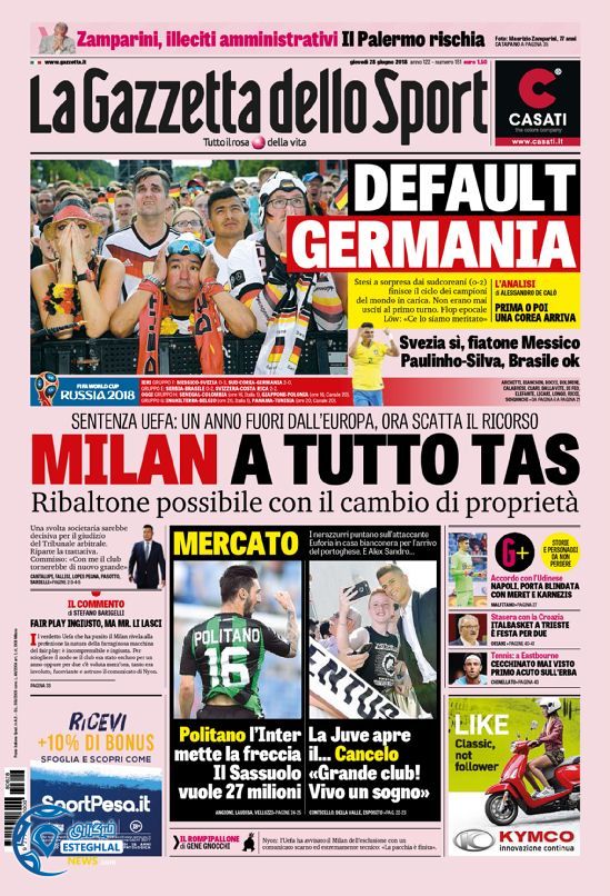 روزنامه ورزشی گاتزتا دلو اسپورت پنجشنبه 7 تیر 1397