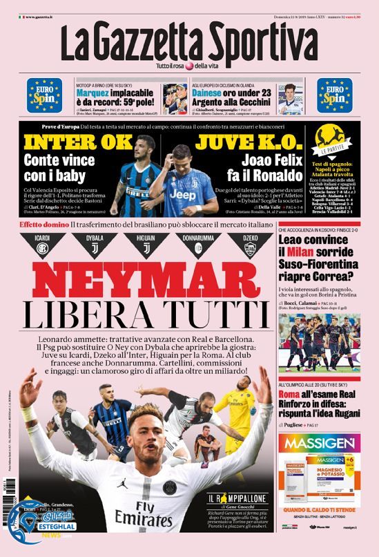 روزنامه ورزشی گاتزتا دلو اسپورت یکشنبه 20 مرداد 1398