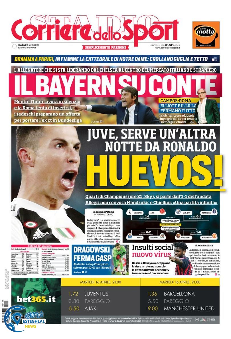 روزنامه ورزشی کوریره دلو اسپورت سه شنبه 27 فروردین 1398