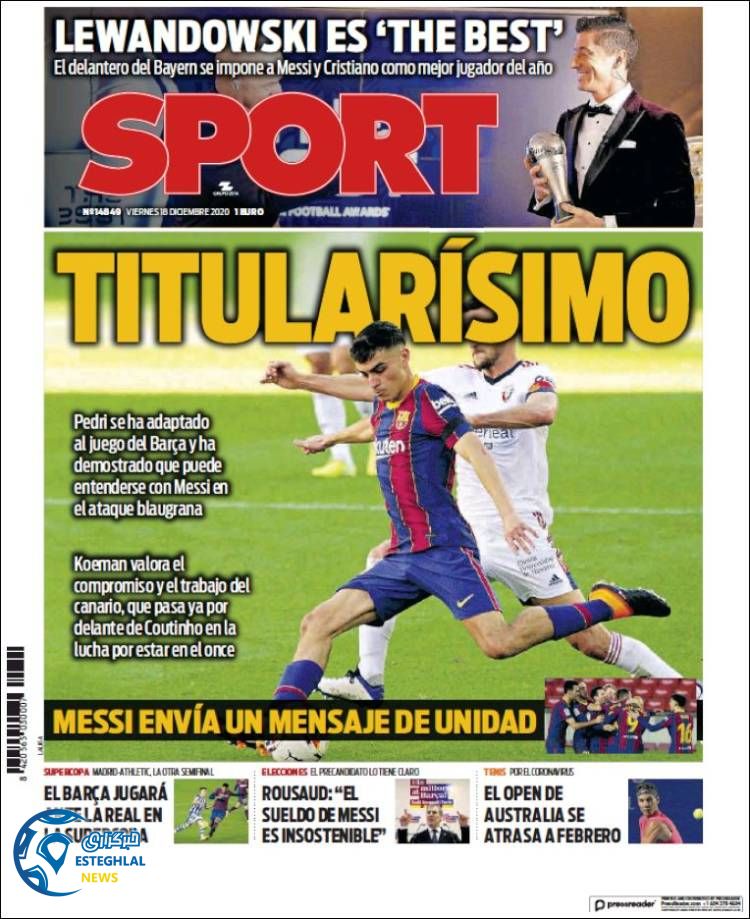 روزنامه ورزشی اسپورت جمعه 28 آذر 1399