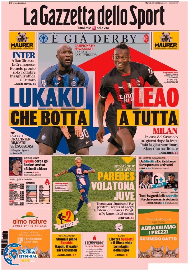 روزنامه ورزشی گاتزتا دلو اسپورت سه شنبه 8 شهریور 1401