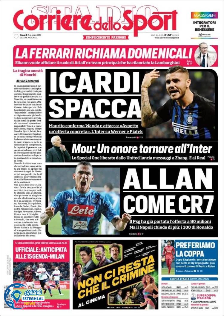 روزنامه ورزشی کوریره دلو اسپورت جمعه 21 دی 1397