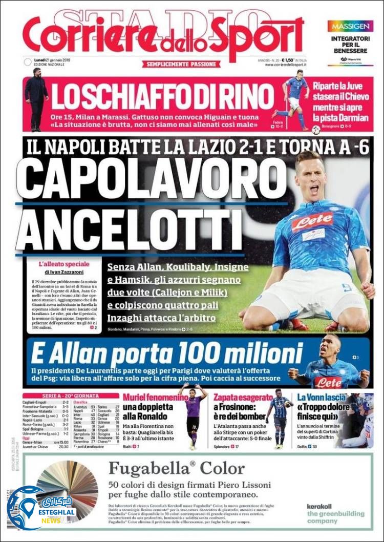 روزنامه ورزشی کوریره دلو اسپورت دوشنبه 1 بهمن 1397 