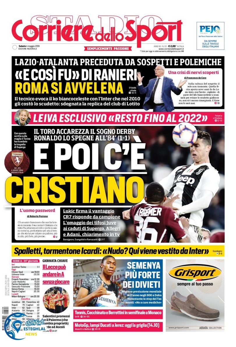 روزنامه ورزشی کوریره دلو اسپورت شنبه 14 اردیبهشت 1398