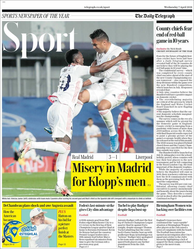 روزنامه ورزشی تلگراف اسپورت چهارشنبه 18 فروردین 1400