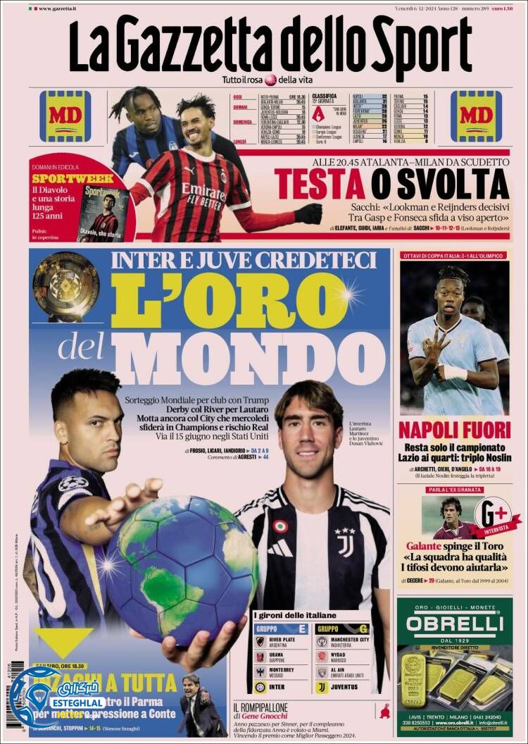 روزنامه ورزشی گاتزتا دلو اسپورت جمعه 16 آذر 1403 