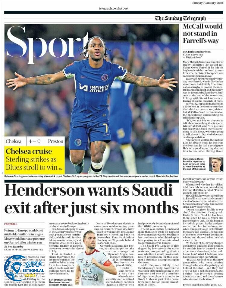 روزنامه  ورزشی تلگراف اسپورت یکشنبه 17 دی 1402 