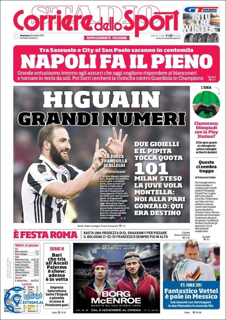 روزنامه کوریره دلو اسپورت یکشنبه 7 آبان 1396    