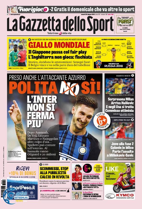 روزنامه ورزشی گاتزتا دلو اسپورت جمعه 8 تیر 1397