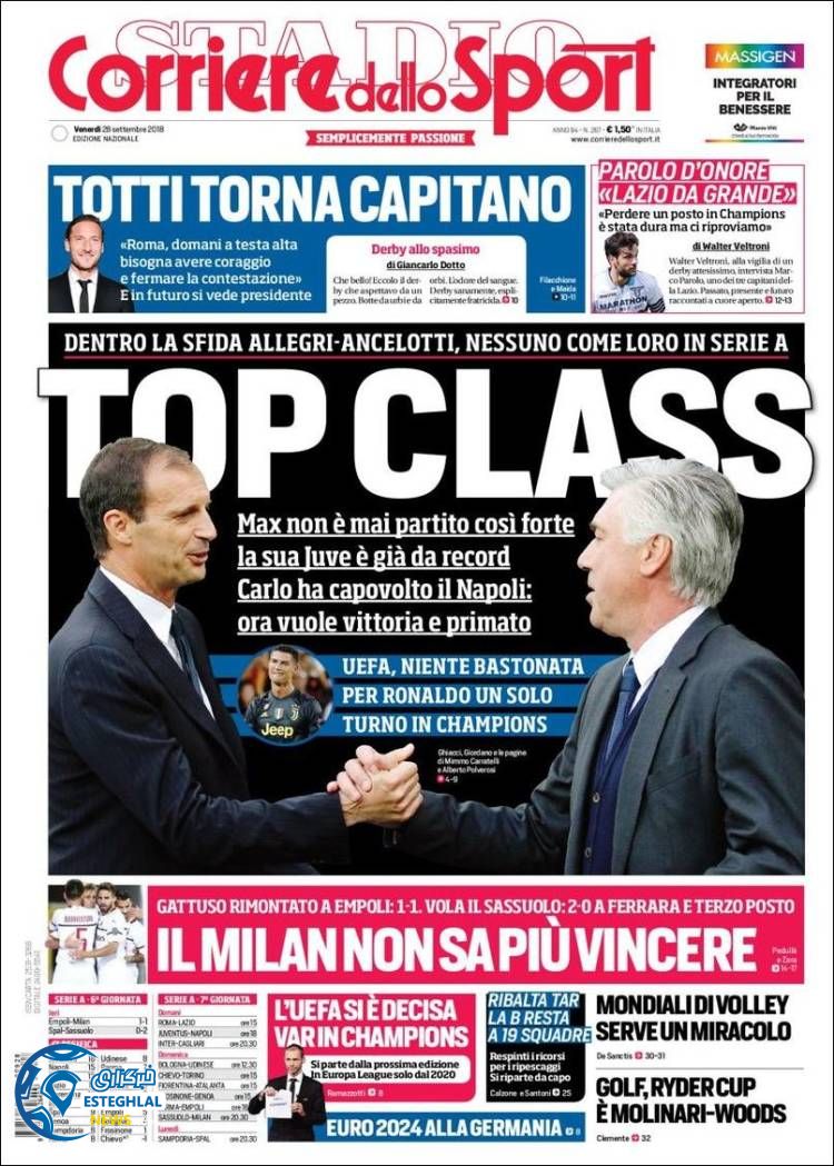 روزنامه ورزشی کوریره دلو اسپورت جمعه 6 مهر 1397