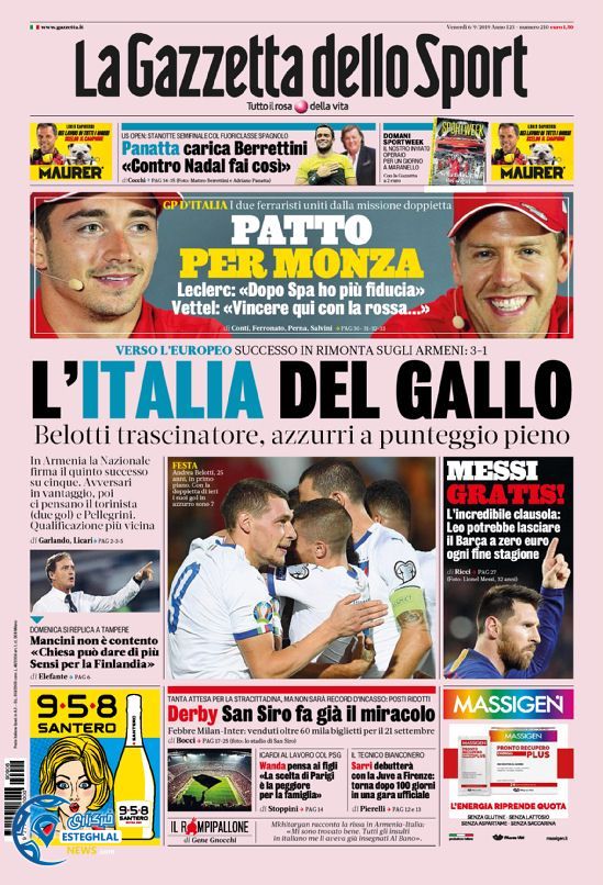 روزنامه ورزشی گاتزتا دلو اسپورت جمعه 15 شهریور 1398