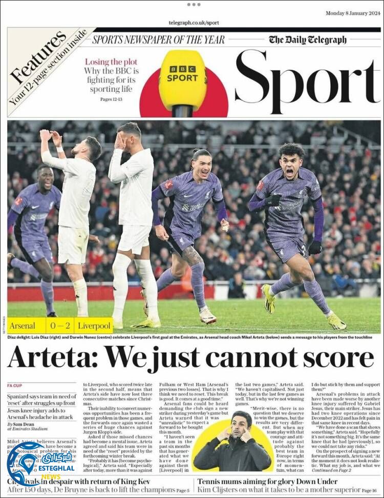 روزنامه ورزشی تلگراف اسپورت دوشنبه 18 دی 1402 