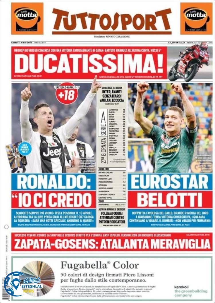 روزنامه ورزشی توتو اسپورت دوشنبه 20 اسفند 1397