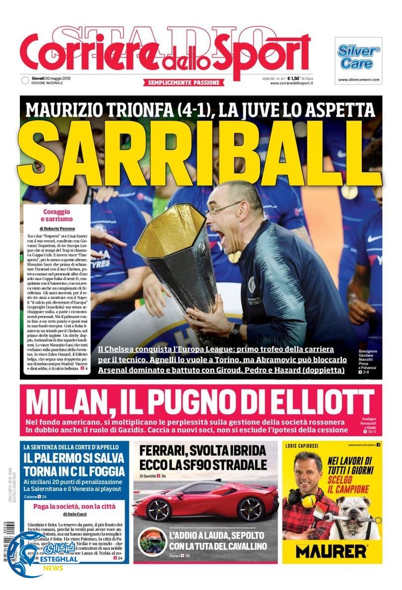 روزنامه ورزشی کوریره دلو اسپورت پنجشنبه 9 خرداد 1398