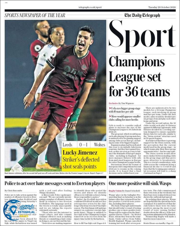 روزنامه ورزشی تلگراف اسپورت سه شنبه 29 مهر 1399