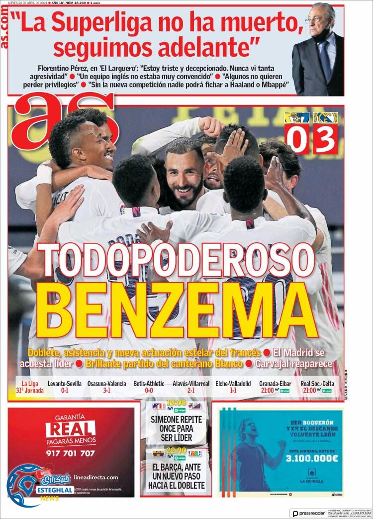 روزنامه ورزشی آ اس پنجشنبه 2 اردیبهشت 1400