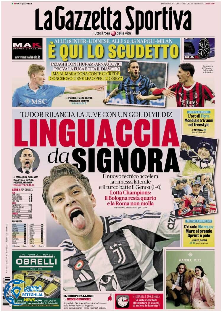 روزنامه  ورزشی گاتزتا دلو اسپورت یکشنبه 10 فروردین 1404 