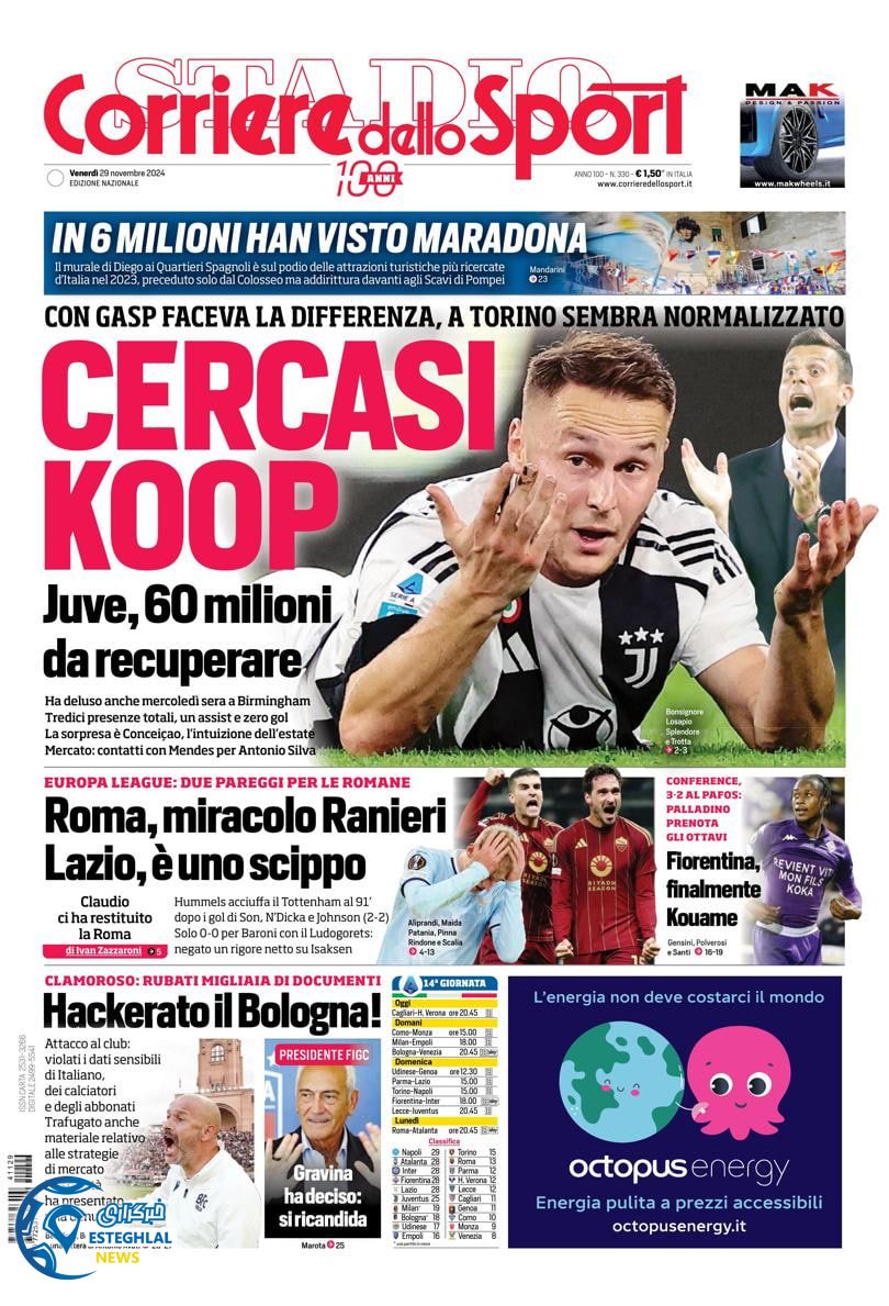 روزنامه ورزشی کوریره دلو اسپورت جمعه 9 آذر 1403 