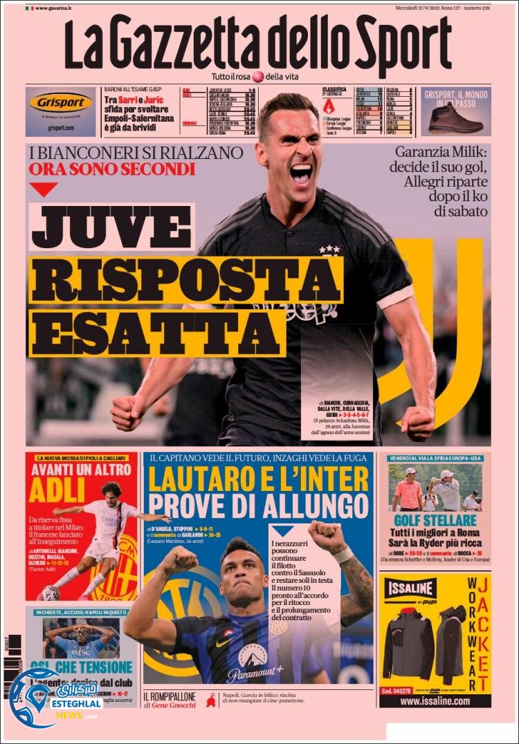 روزنامه  ورزشی گاتزتا دلو اسپورت چهارشنبه 5 مهر 1402  