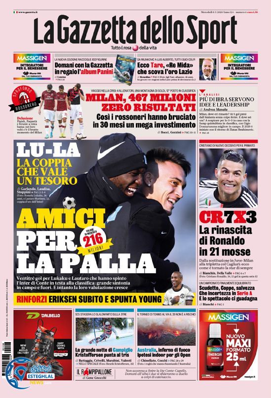 روزنامه ورزشی گاتزتا دلو اسپورت چهارشنبه 18 دی 1398