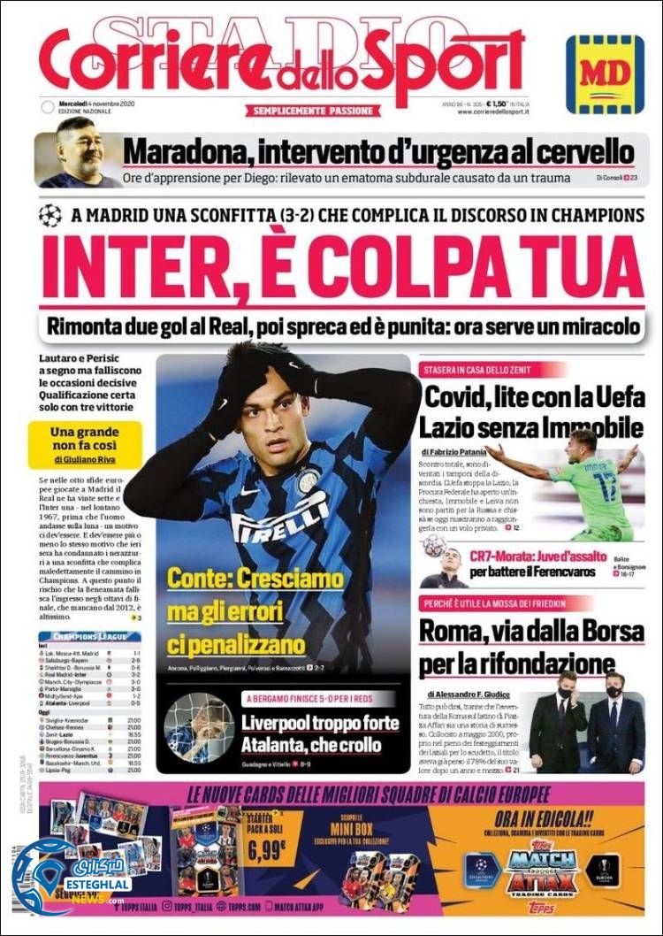 روزنامه ورزشی کوریره دلو اسپورت چهارشنبه 14 آبان 1399