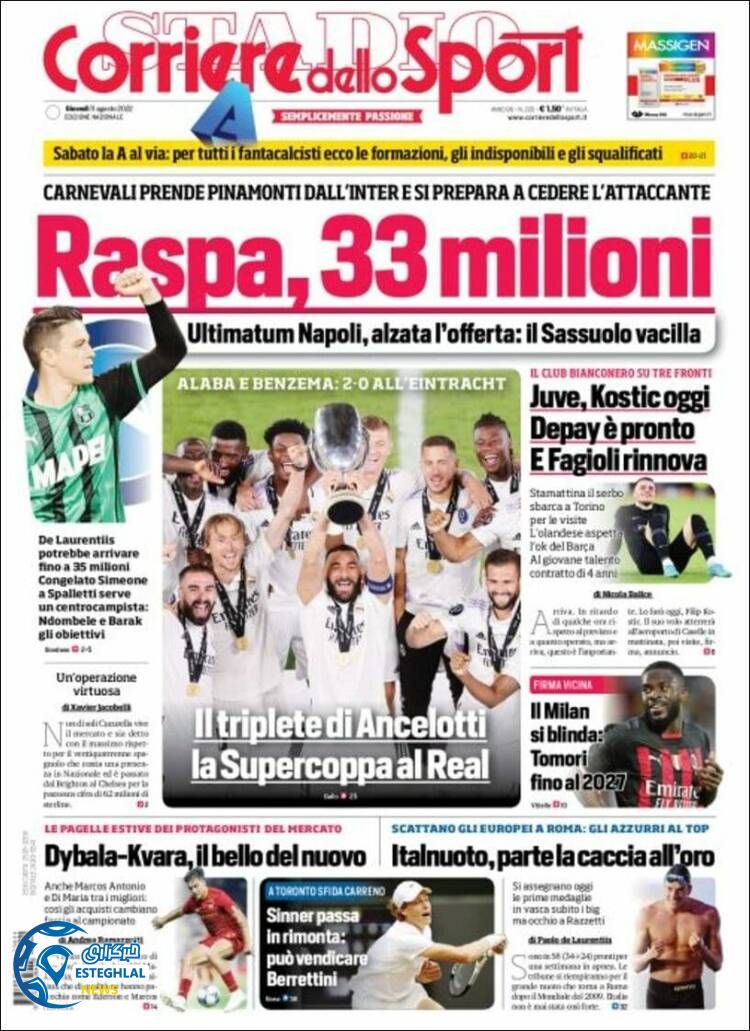 روزنامه کوریره دلو اسپورت پنجشنبه 20 مرداد 1401   