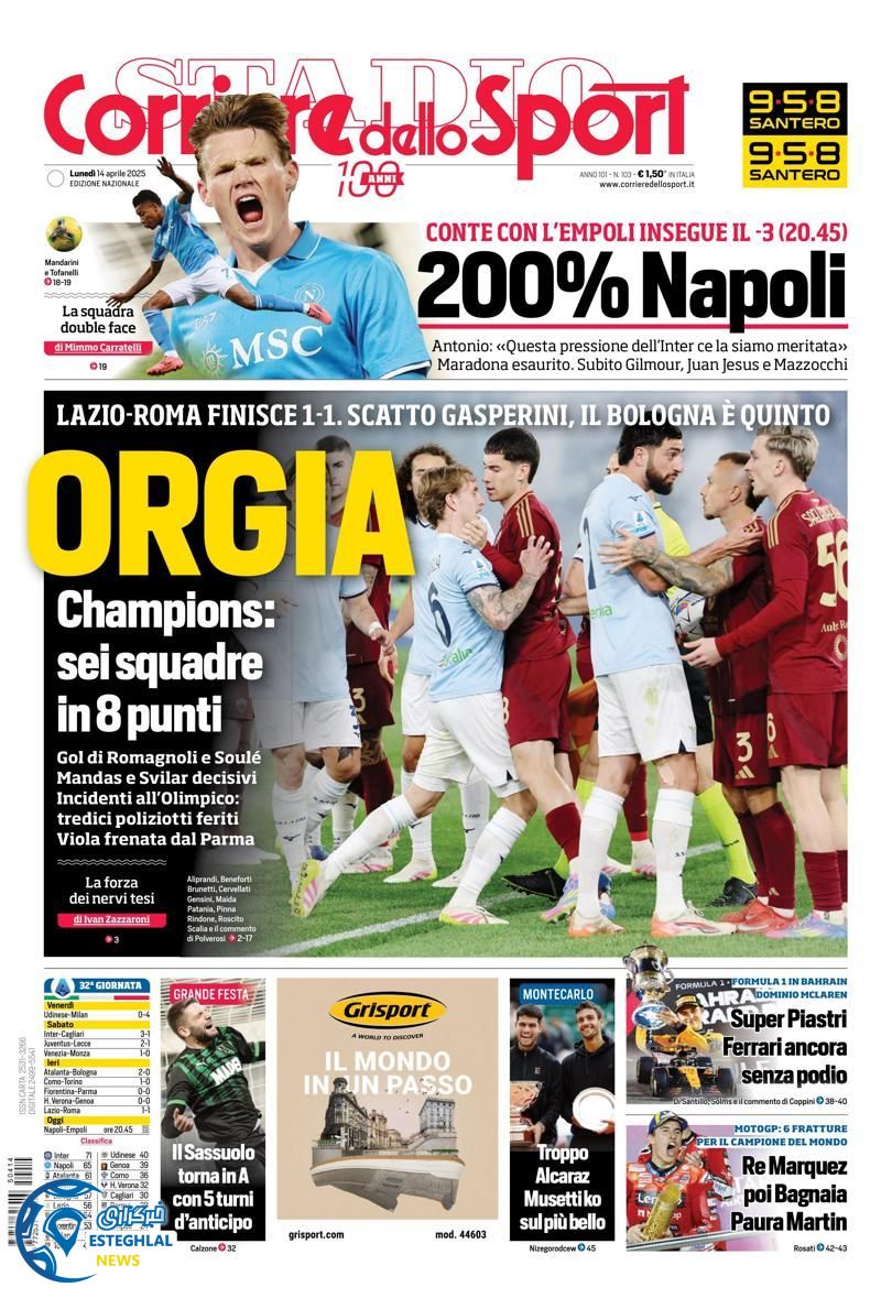 روزنامه ورزشی کوریره دلو اسپورت دوشنبه 25 فروردین 1404 