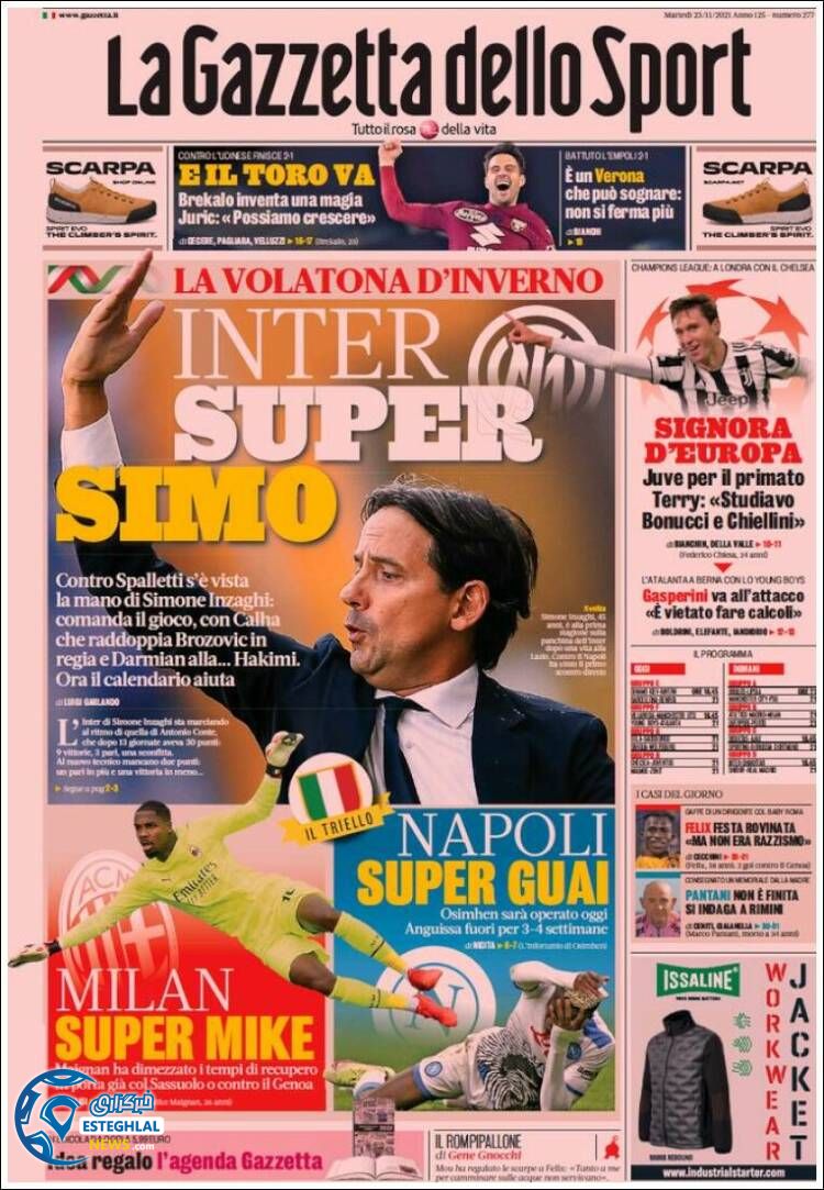 روزنامه ورزشی گاتزتا دلو اسپورت سه شنبه 2 آذر 1400