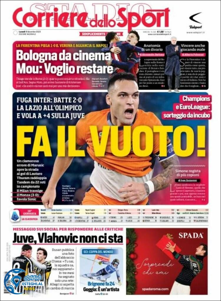 روزنامه ورزشی کوریره دلو اسپورت دوشنبه 27 آذر 1402 