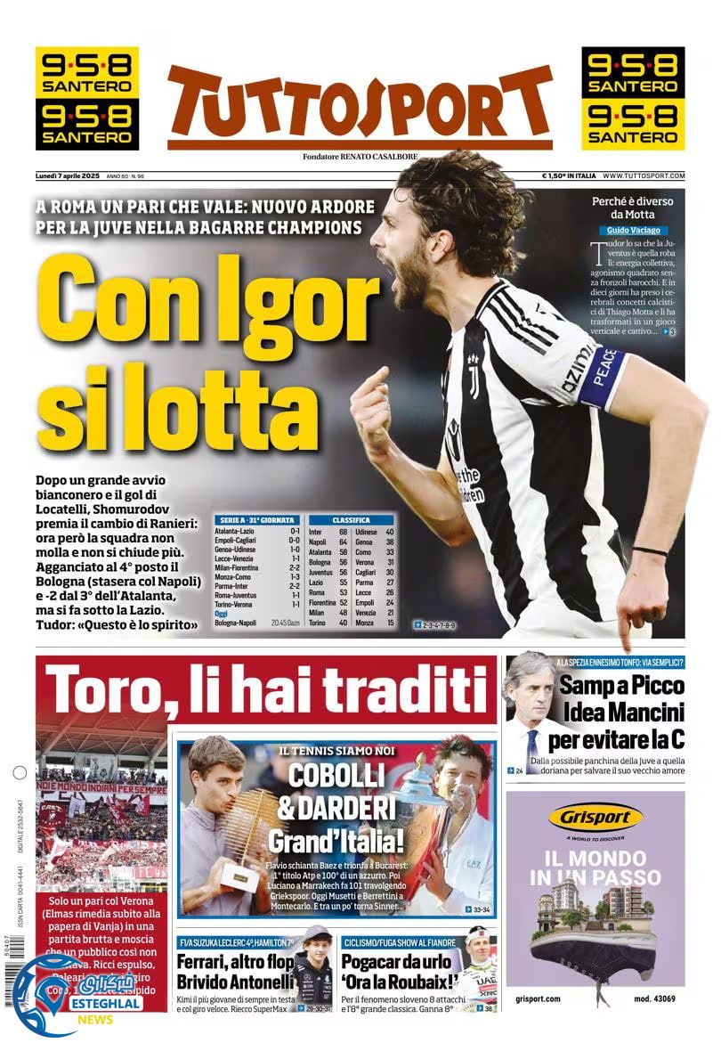 روزنامه ورزشی توتو اسپورت دوشنبه 18 فروردین 1404 