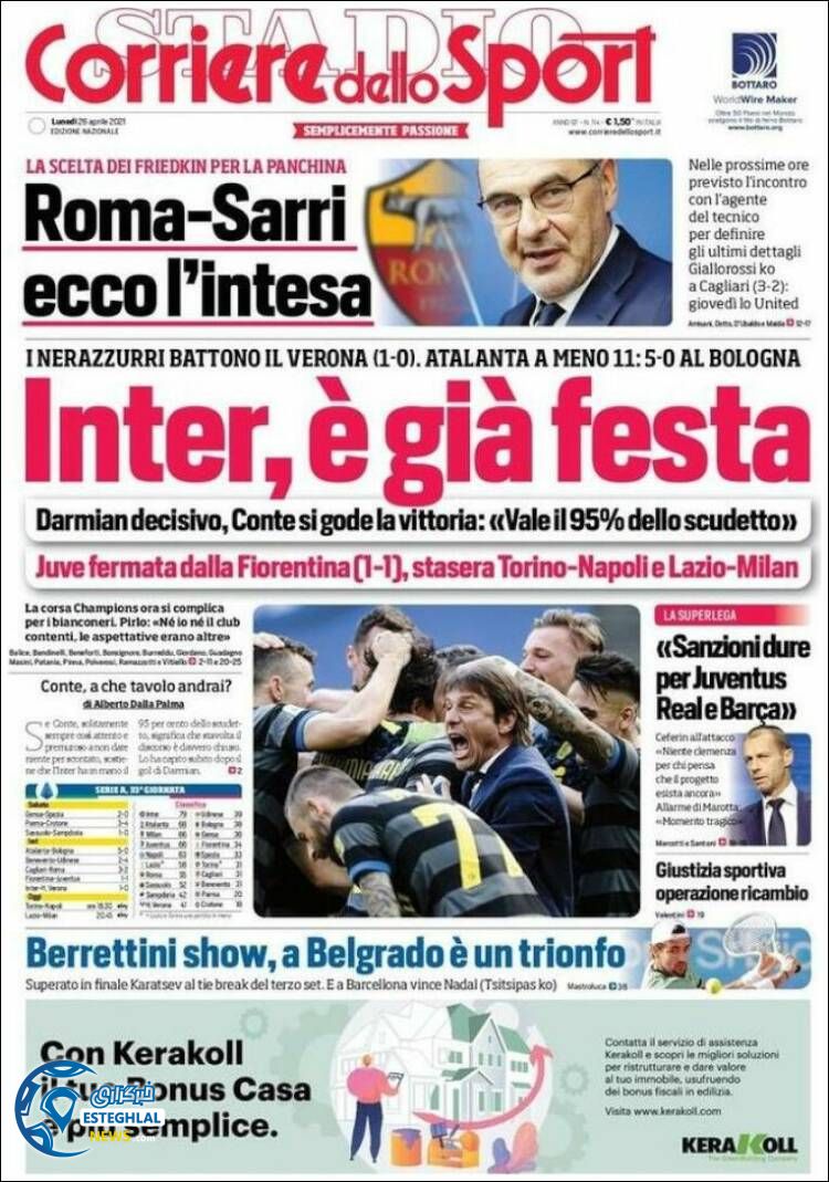 روزنامه ورزشی کوریره دلو اسپورت دوشنبه 6 اردیبهشت 1400