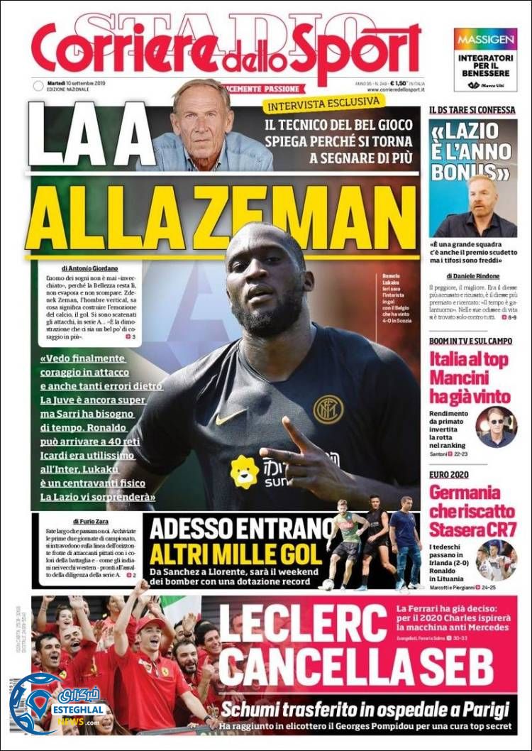 روزنامه ورزشی کوریره دلو اسپورت سه شنبه 19 شهریور 1398