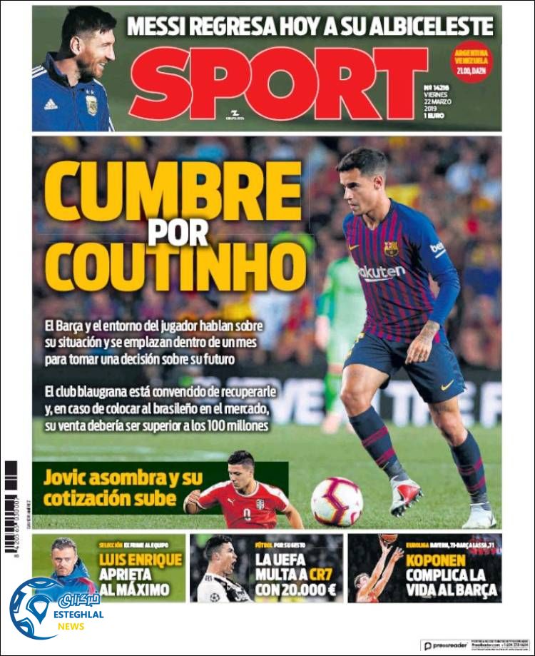 روزنامه ورزشی اسپورت جمعه 2 فروردین 1398