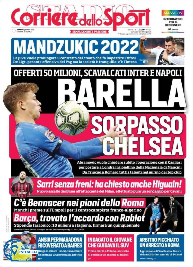 روزنامه ورزشی کوریره دلو اسپورت شنبه 15 دی 1397