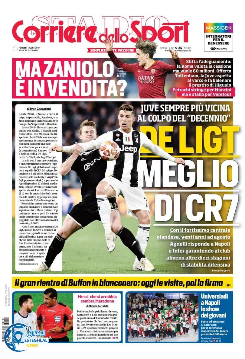 روزنامه ورزشی کوریره دلو اسپورت پنجشنبه 13 تیر 1398