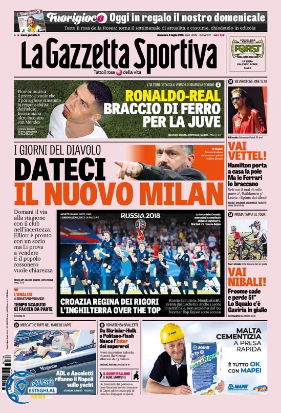 روزنامه ورزشی گاتزتا دلو اسپورت یکشنبه 17 تیر 1397