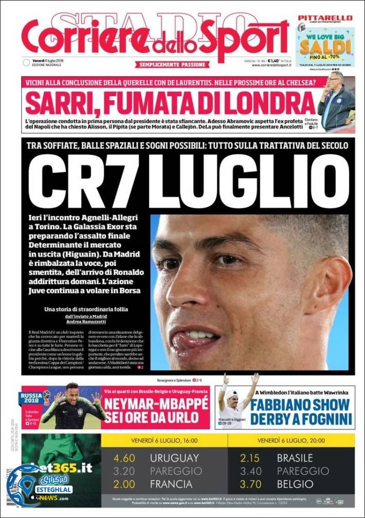 روزنامه ورزشی کوریره دلو اسپورت جمعه 15 تیر 1397